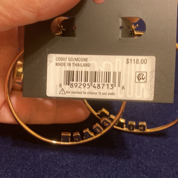 NWT Gold tone large hoop lever back earrings w/multicolored block letter  logo - Picture 5 of 6